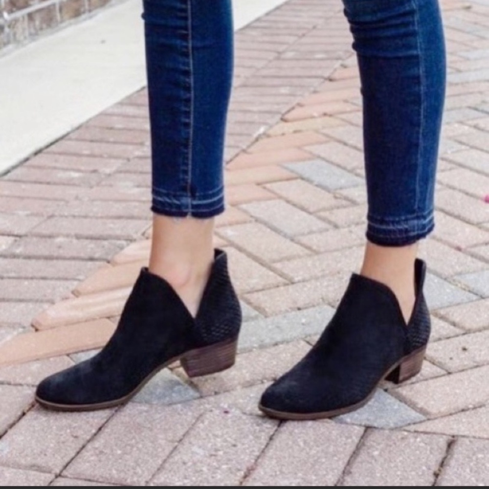 LUCKY Braylie Perforated Black Suede Booties 9